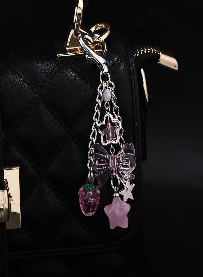 SORGERLY Cute Y2K Aesthetic Charm Keychain - Kawaii Star Strawberry Bow Heart Key Chain Accessories - Pink Bag Purse Handbag Backpack Decor for Women - Image 3